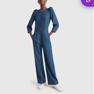 APC Goop Lucy Denim Jumpsuit Womens 34 0 2 US Blue Crew Neck Chambray 3/4 Sleeve
